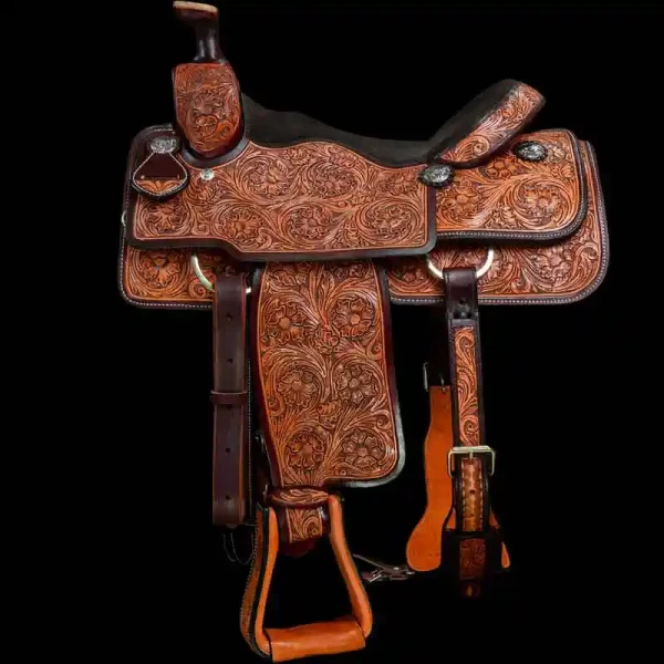 Adorned with intricate floral tooling, vibrant stains, and 6 engraved conchos, it's a showstopper for rodeo enthusiasts. Personalize this western roping saddle now!